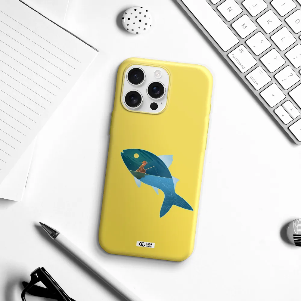 A Fish With A Man Fishing Apple Iphone 16 Pro Max Silicone Canary Yellow Case
