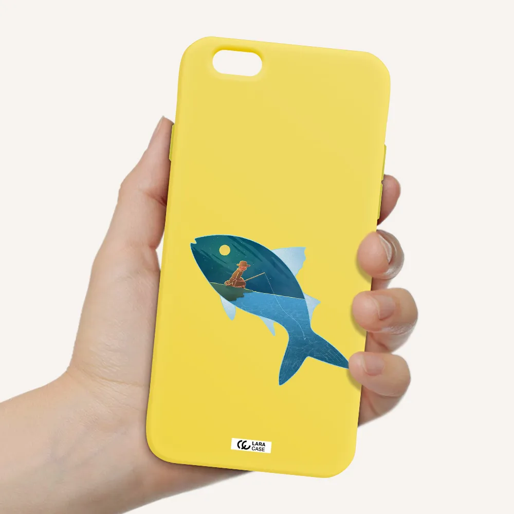 a fish with a man fishing Apple iPhone 6 Silicone canary yellow Case