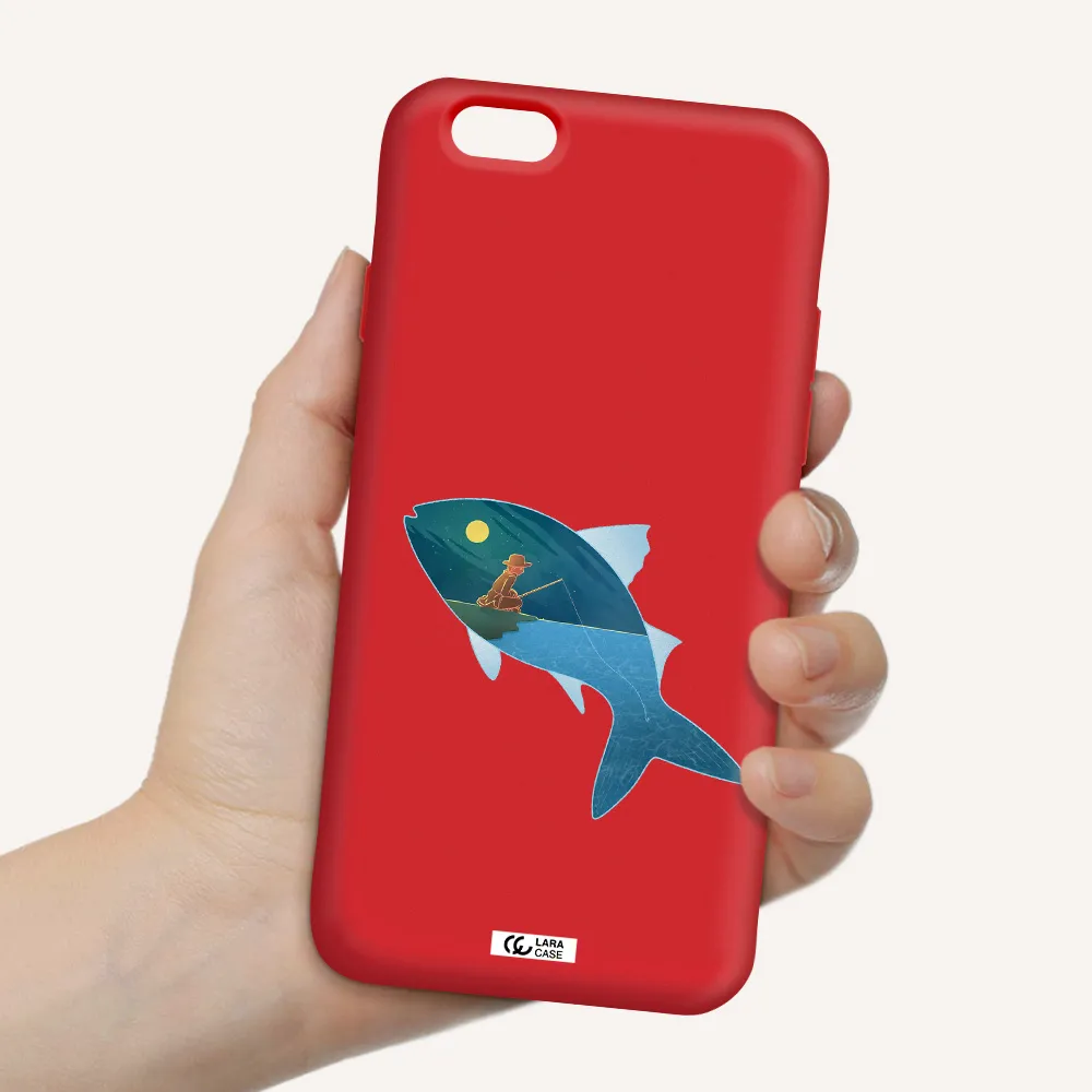a fish with a man fishing Apple iPhone 6 Silicone Imperial Red Case