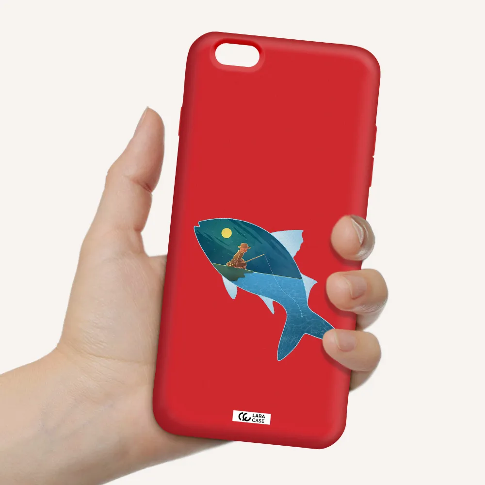 a fish with a man fishing Apple iPhone 6S Silicone Imperial Red Case