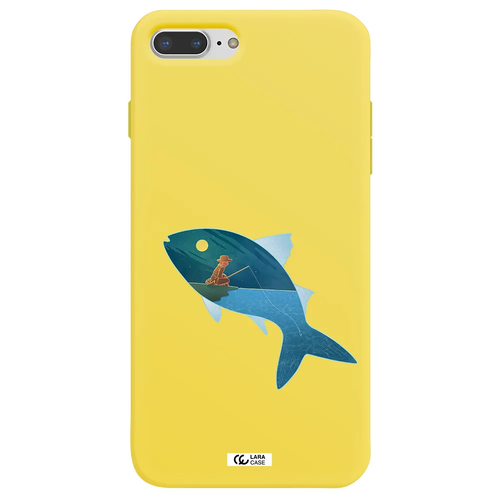 a fish with a man fishing Apple iPhone 7 plus Silicone canary yellow Case