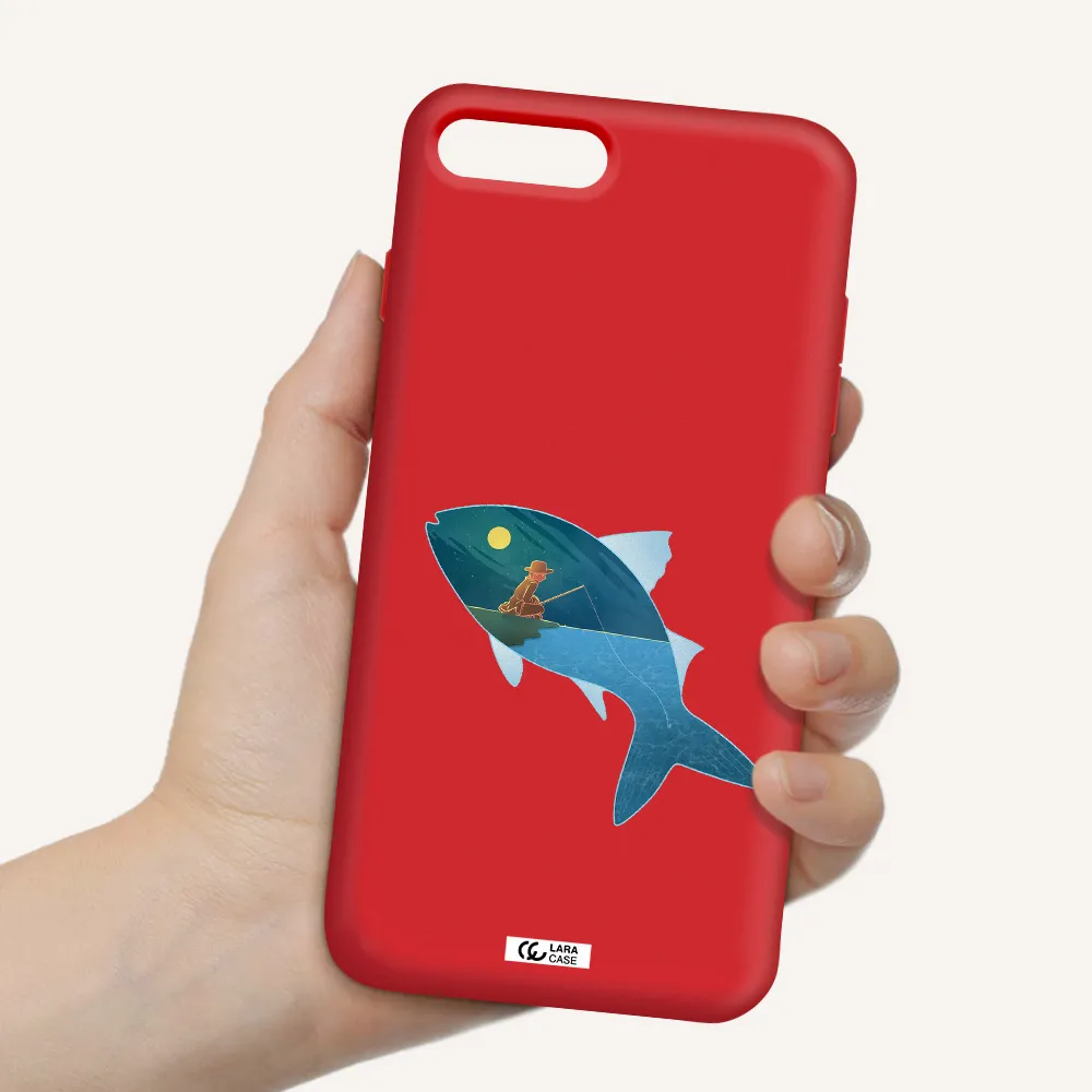 a fish with a man fishing Apple iPhone 7 plus Silicone Imperial Red Case