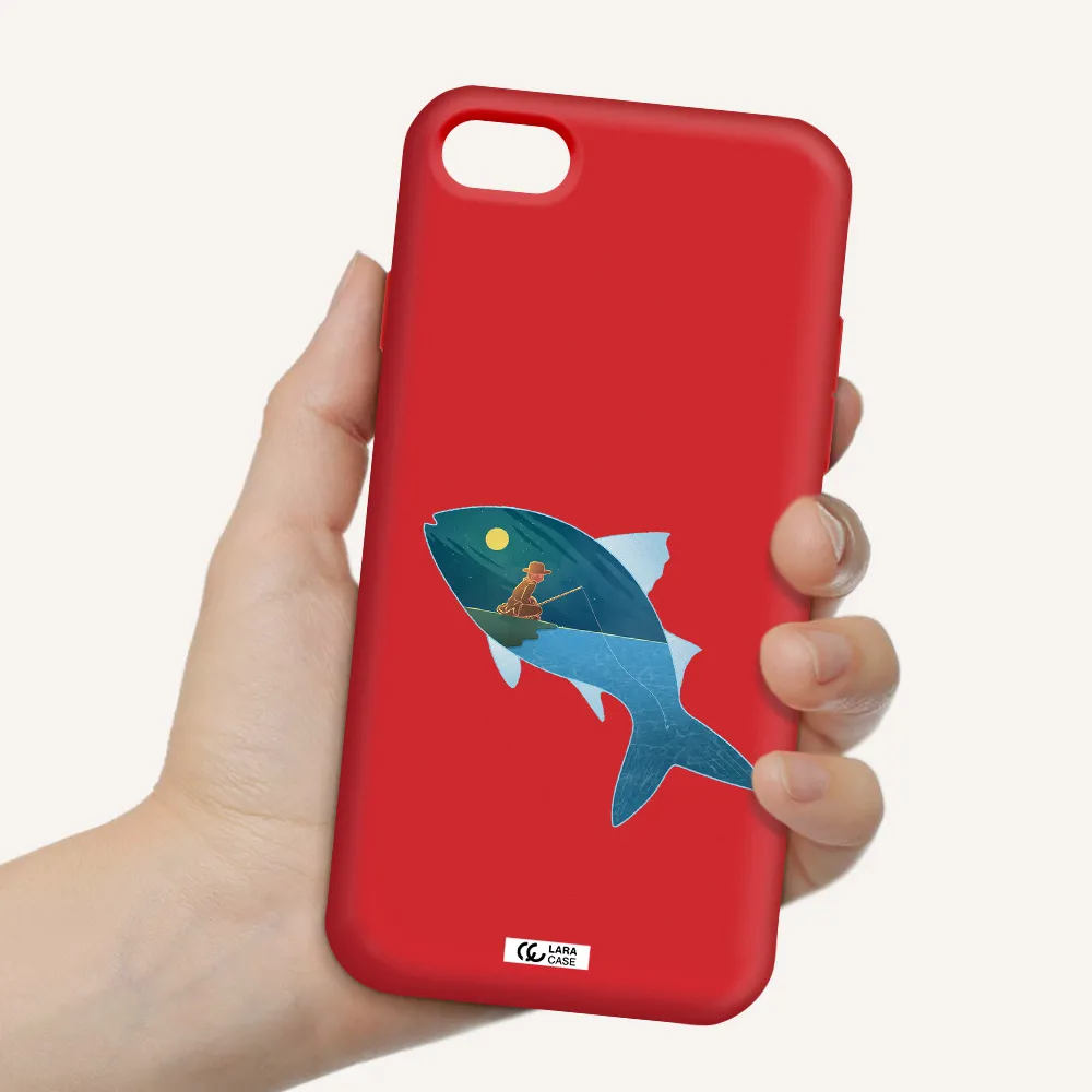 a fish with a man fishing Apple iPhone 7 Silicone Imperial Red Case