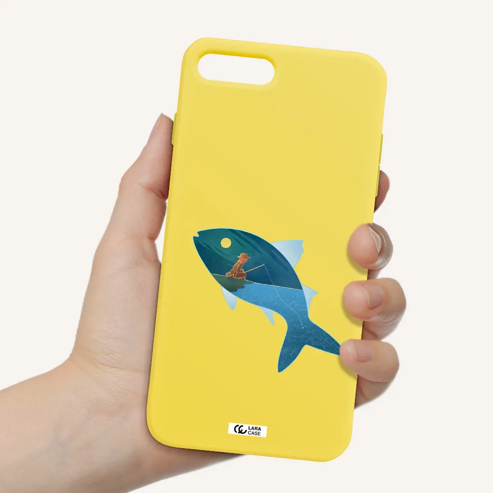 a fish with a man fishing Apple iPhone 8 plus Silicone canary yellow Case