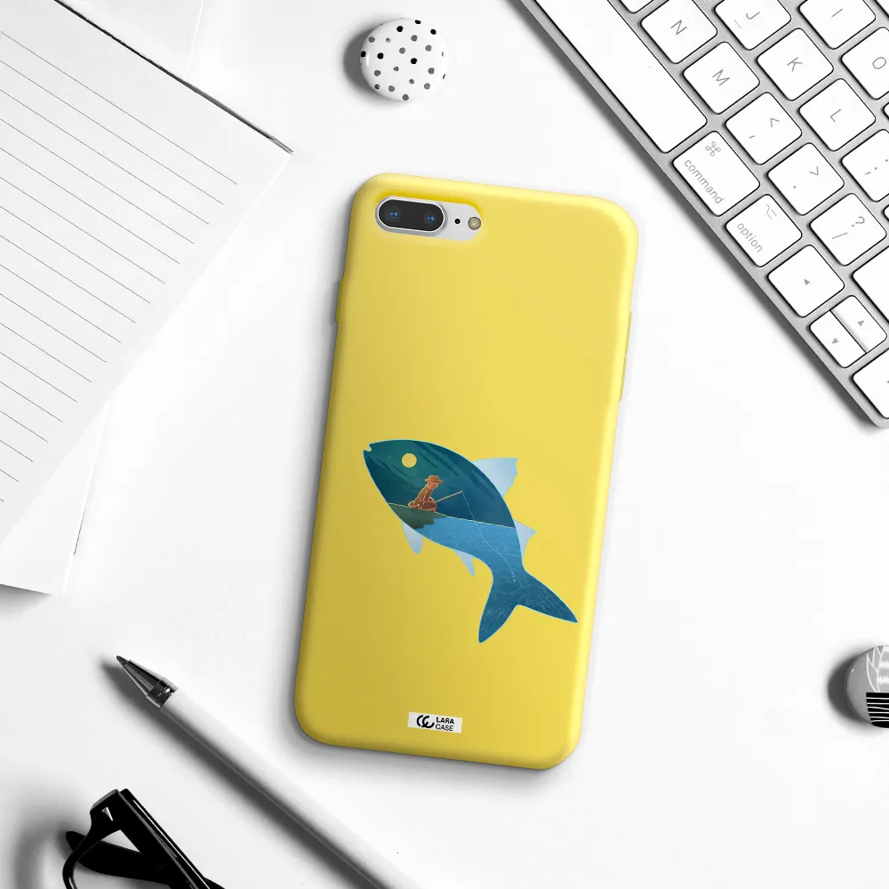 a fish with a man fishing Apple iPhone 8 plus Silicone canary yellow Case