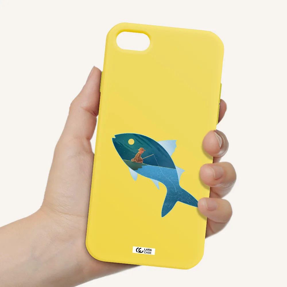 a fish with a man fishing Apple iPhone 8 Silicone canary yellow Case