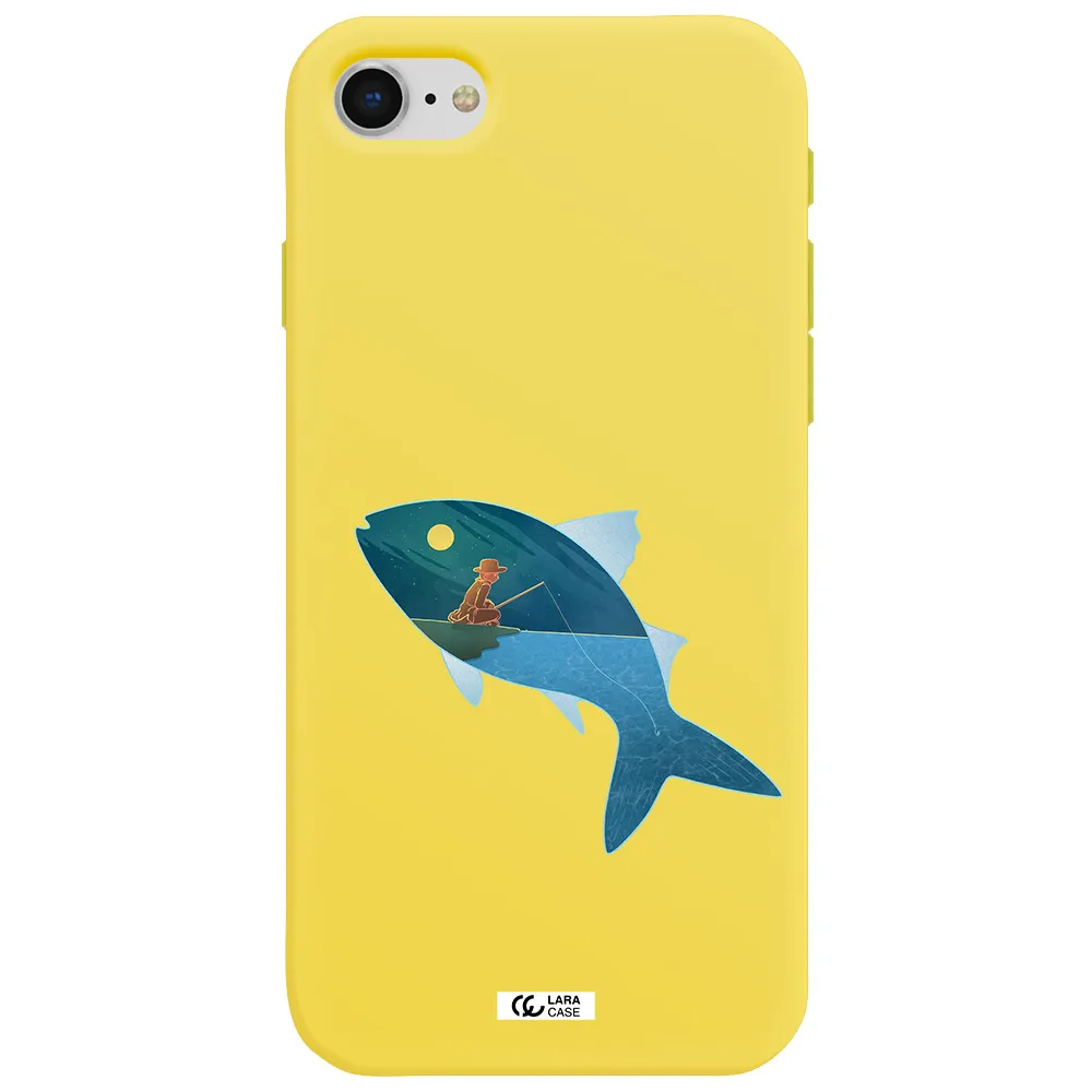 a fish with a man fishing Apple iPhone se 2020 Silicone canary yellow Case