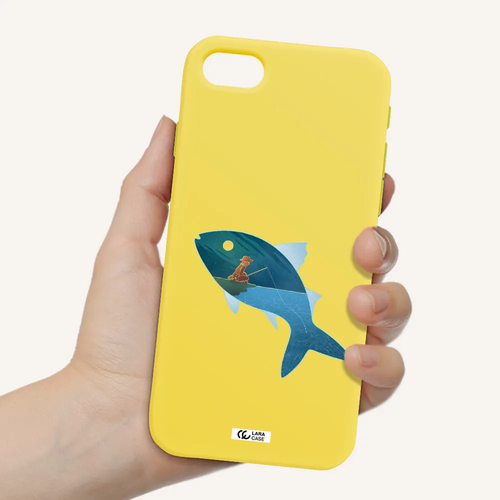a fish with a man fishing Apple iPhone se 2020 Silicone canary yellow Case