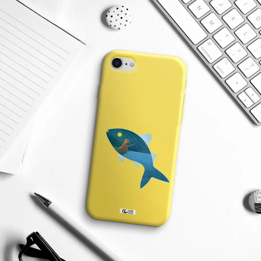 a fish with a man fishing Apple iPhone se 2020 Silicone canary yellow Case