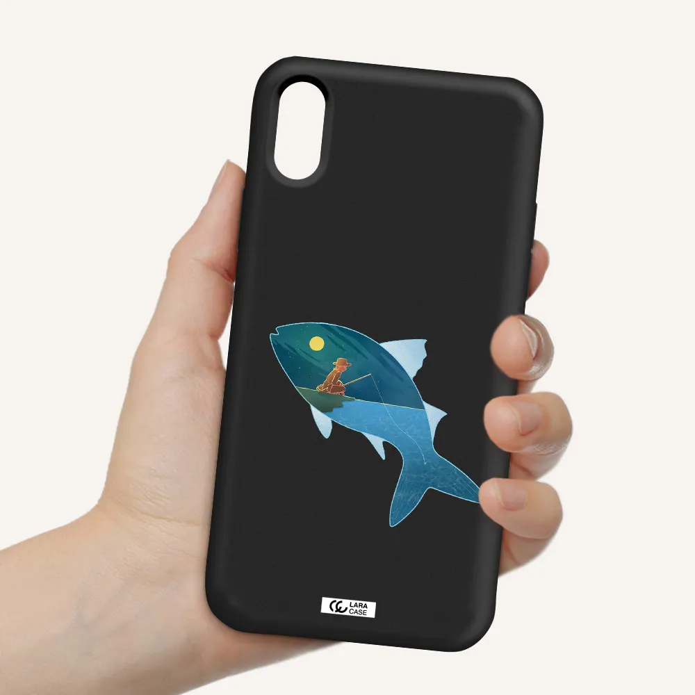 a fish with a man fishing Apple iPhone X Silicone black Case