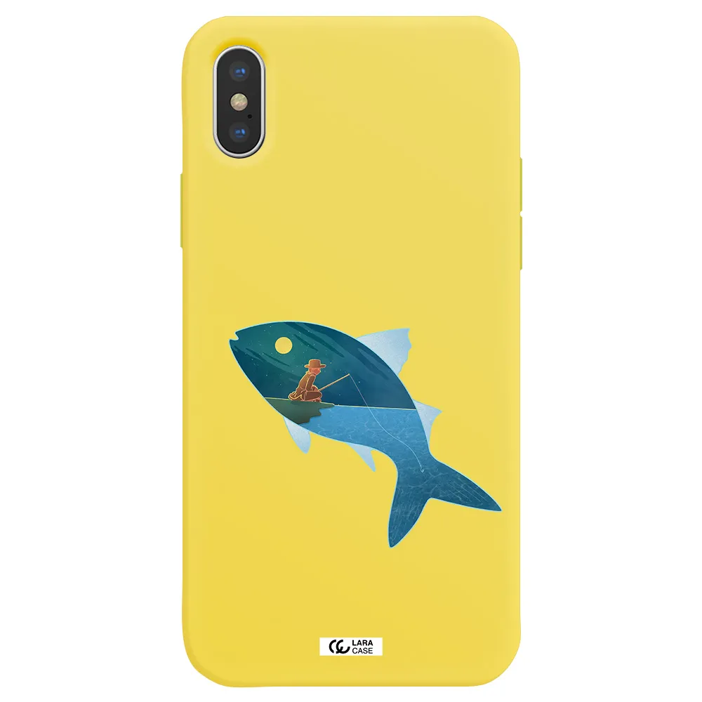 a fish with a man fishing Apple iPhone X Silicone canary yellow Case