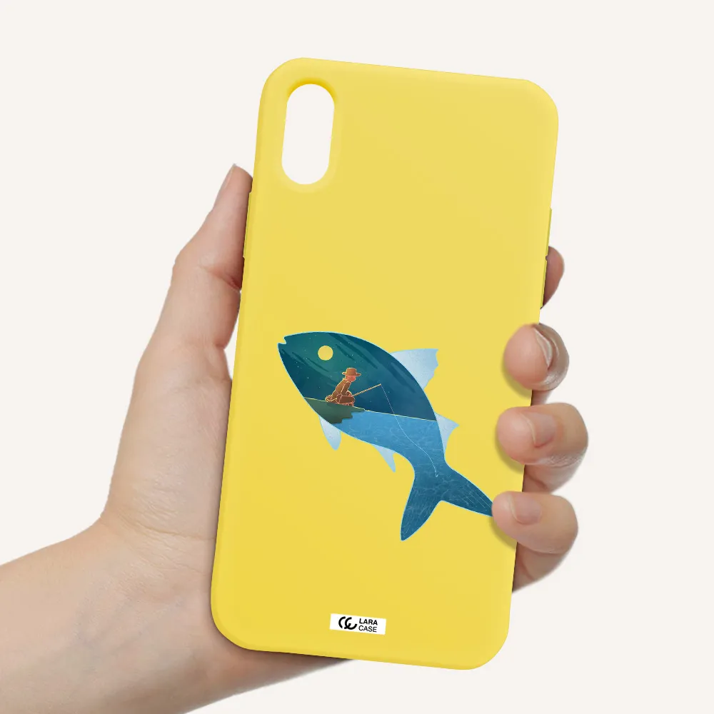 a fish with a man fishing Apple iPhone X Silicone canary yellow Case