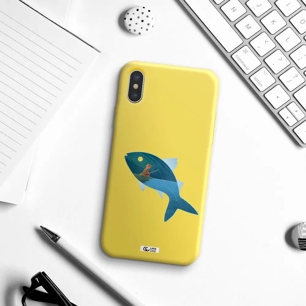 a fish with a man fishing Apple iPhone X Silicone canary yellow Case