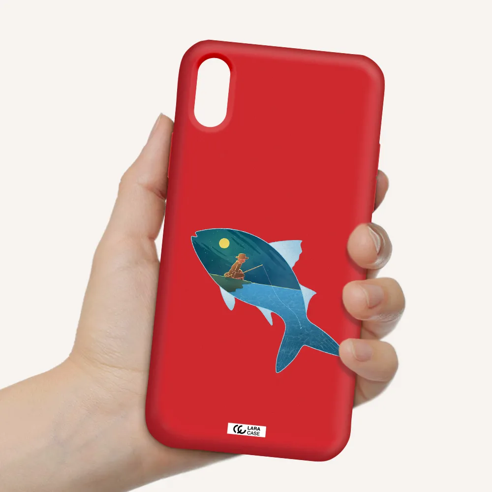 a fish with a man fishing Apple iPhone X Silicone Imperial Red Case