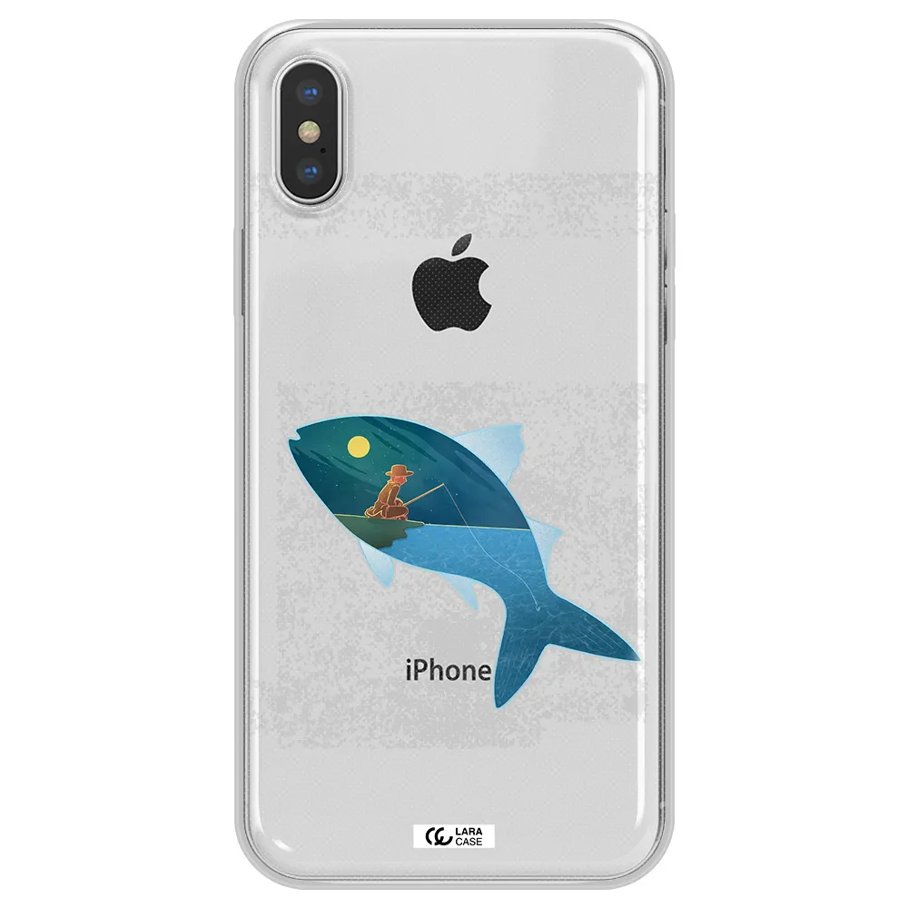 a fish with a man fishing Apple iPhone XS Clear TPU Case