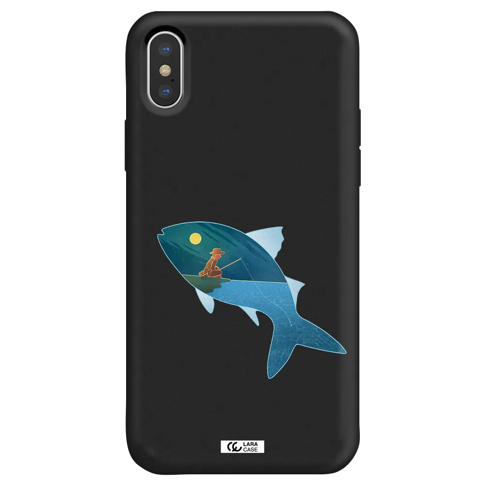 a fish with a man fishing Apple iPhone XS Silicone black Case