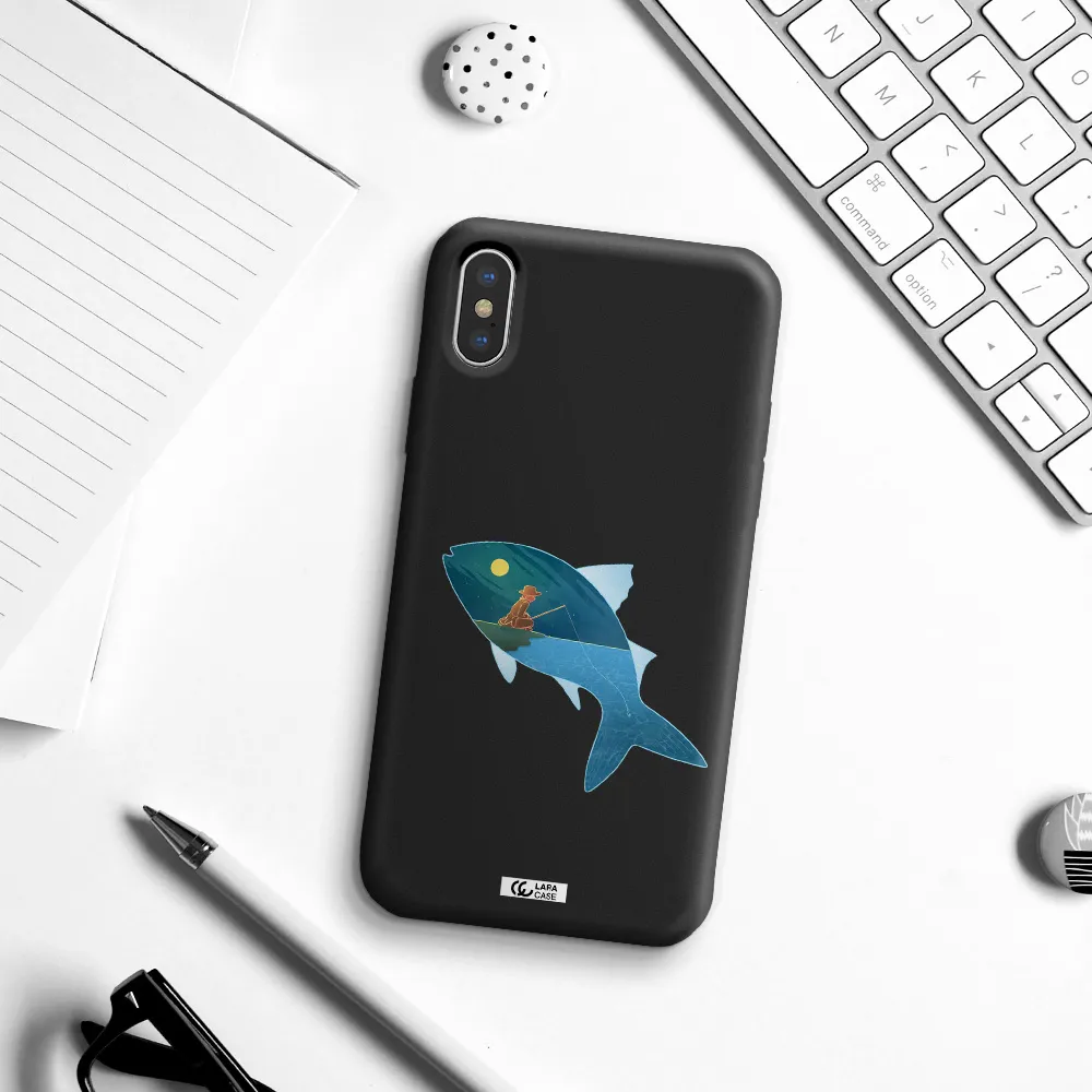 a fish with a man fishing Apple iPhone XS Silicone black Case