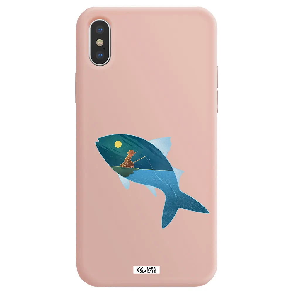 a fish with a man fishing Apple iPhone XS Silicone pastel pink Case