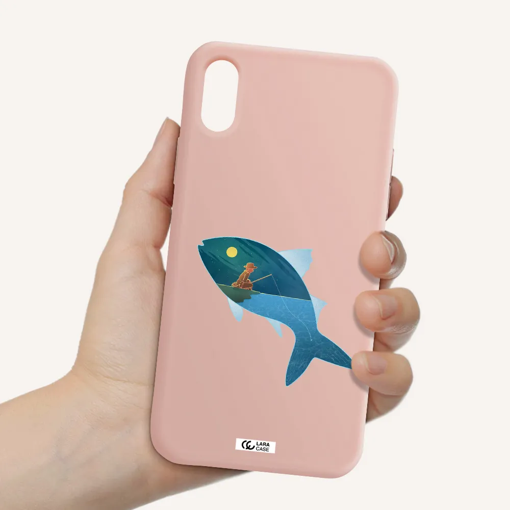 a fish with a man fishing Apple iPhone XS Silicone pastel pink Case