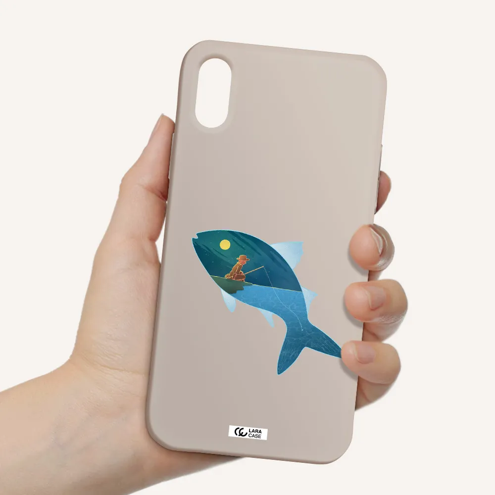 a fish with a man fishing Apple iPhone XS Silicone Stone Case