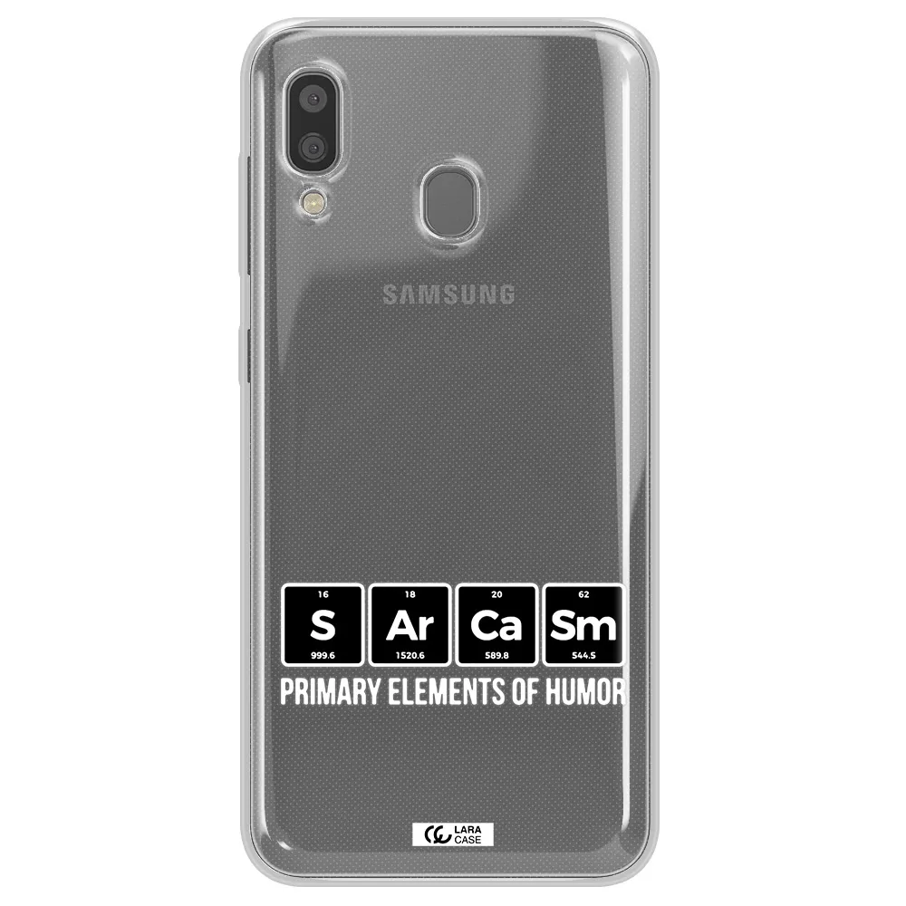a group of black square letters with white text Samsung A20 Clear TPU Case