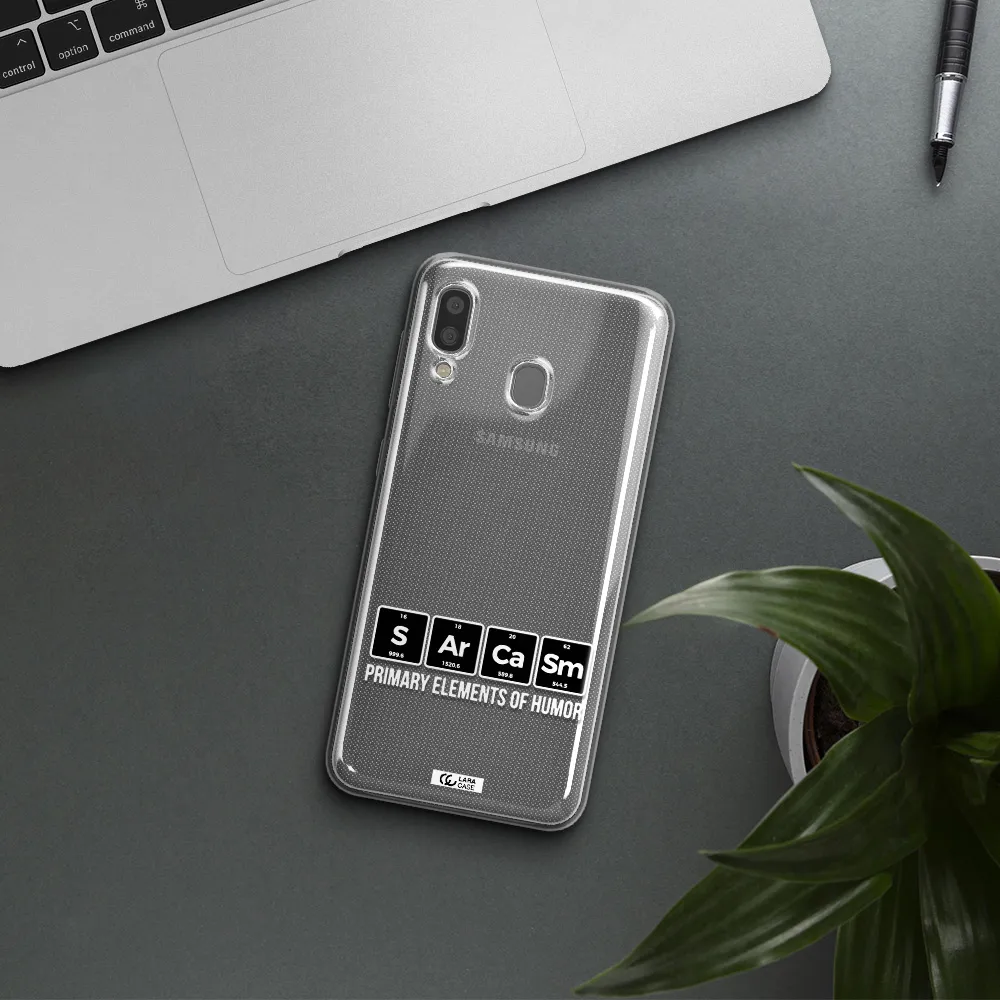 a group of black square letters with white text Samsung A20 Clear TPU Case