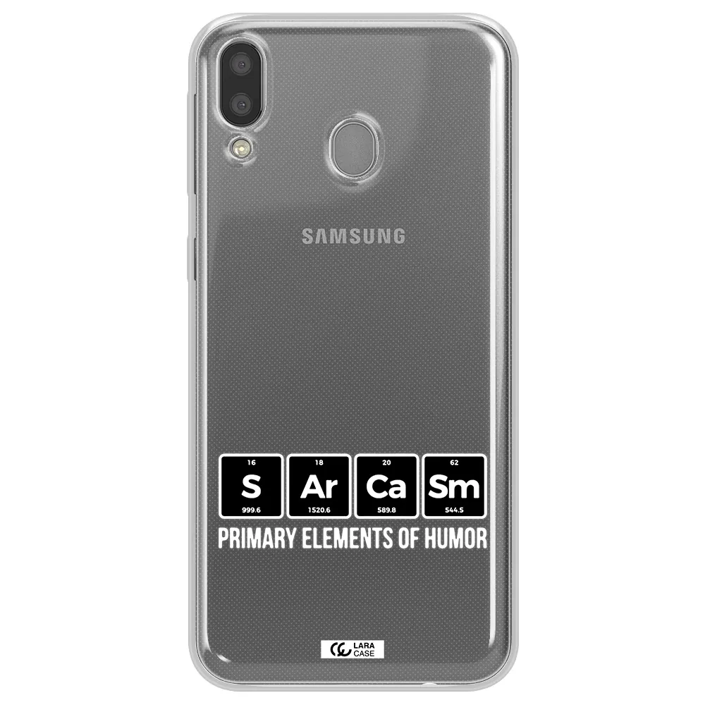 a group of black square letters with white text Samsung M20 Clear TPU Case