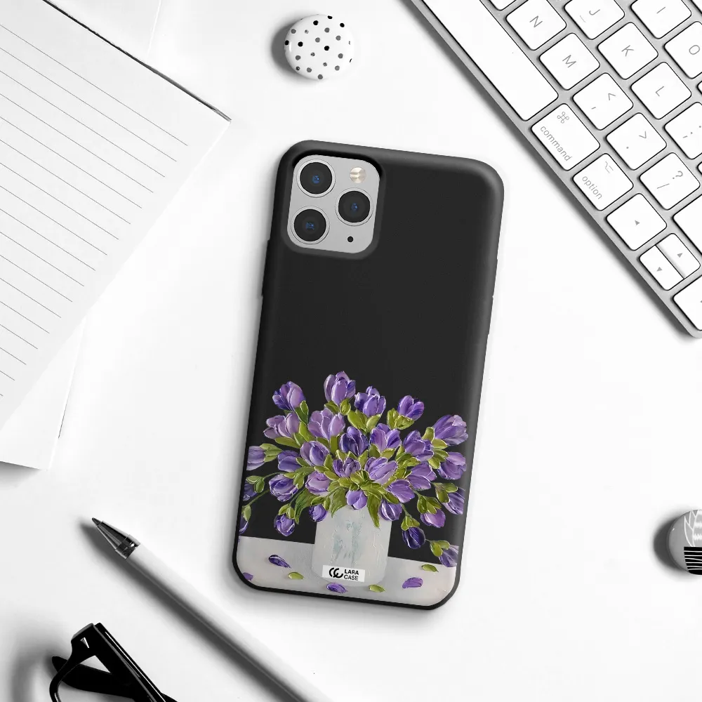 a bunch of purple flowers Apple iPhone 11 pro max Silicone black Case