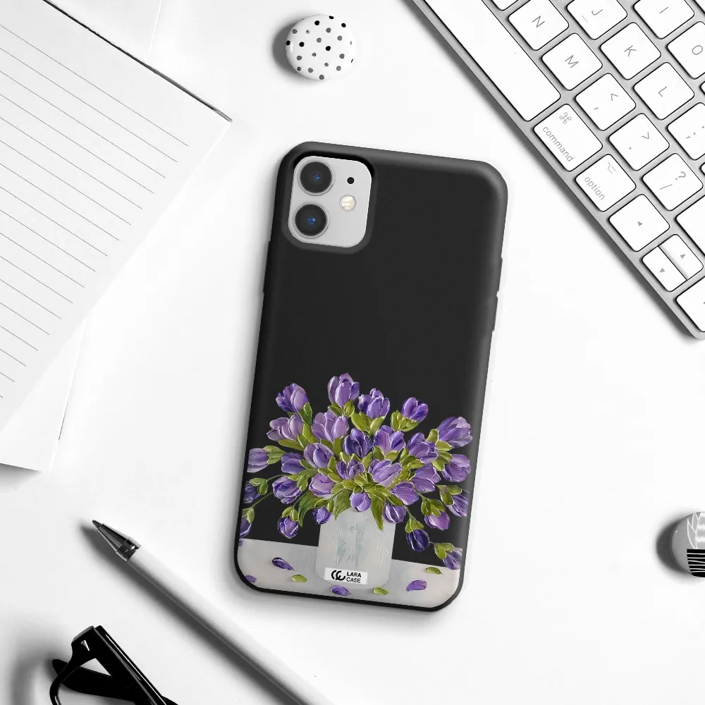 a bunch of purple flowers Apple iPhone 11 Silicone black Case
