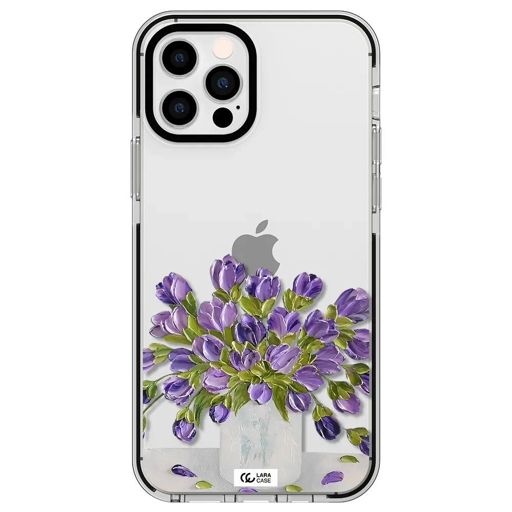 a bunch of purple flowers Apple iPhone 12 pro impact black border Case