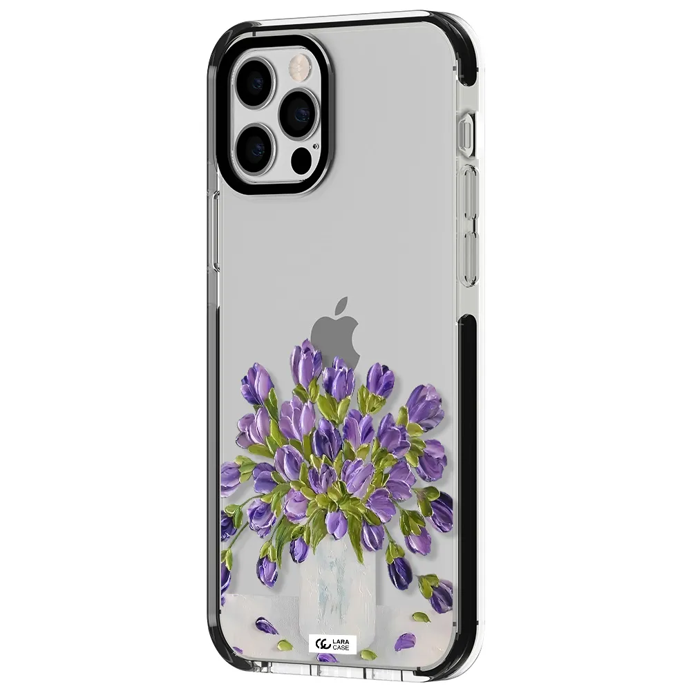 a bunch of purple flowers Apple iPhone 12 pro impact black border Case