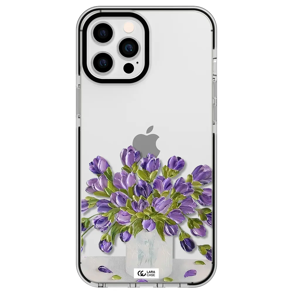 a bunch of purple flowers Apple iPhone 12 pro max impact black border Case