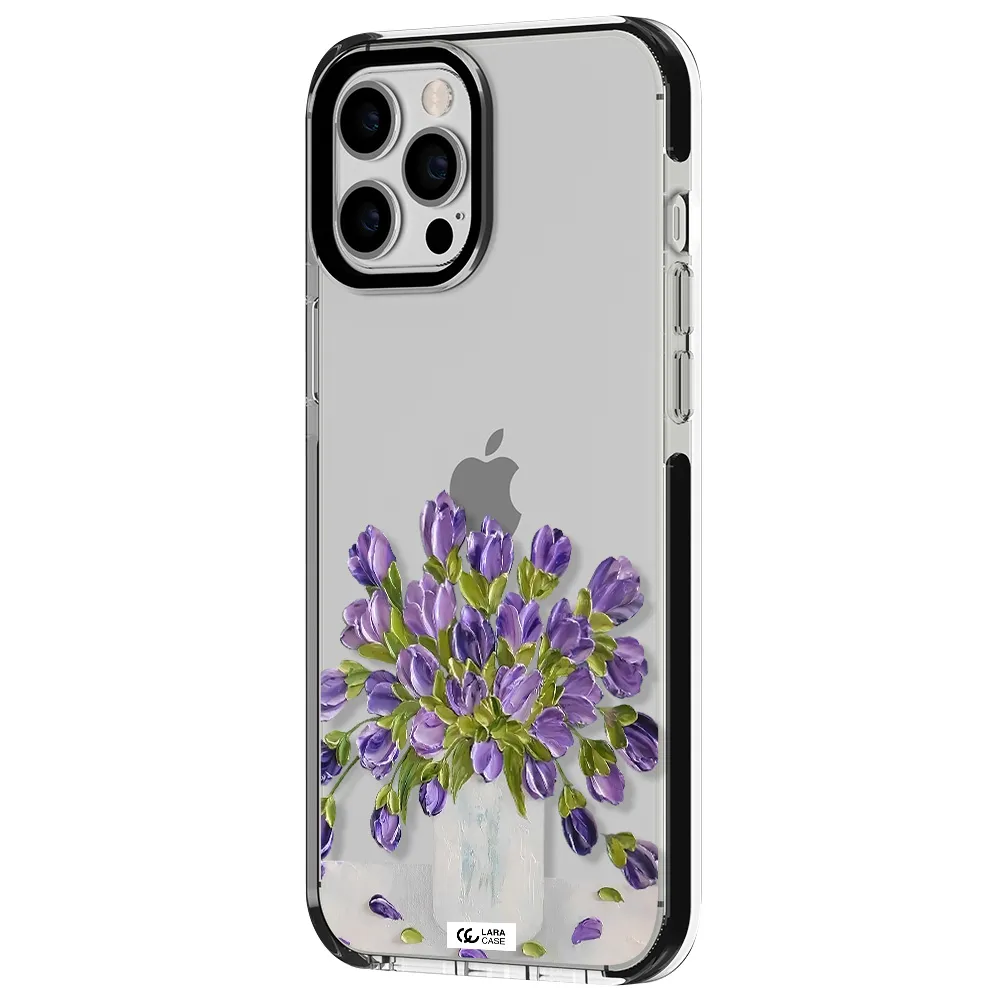 a bunch of purple flowers Apple iPhone 12 pro max impact black border Case