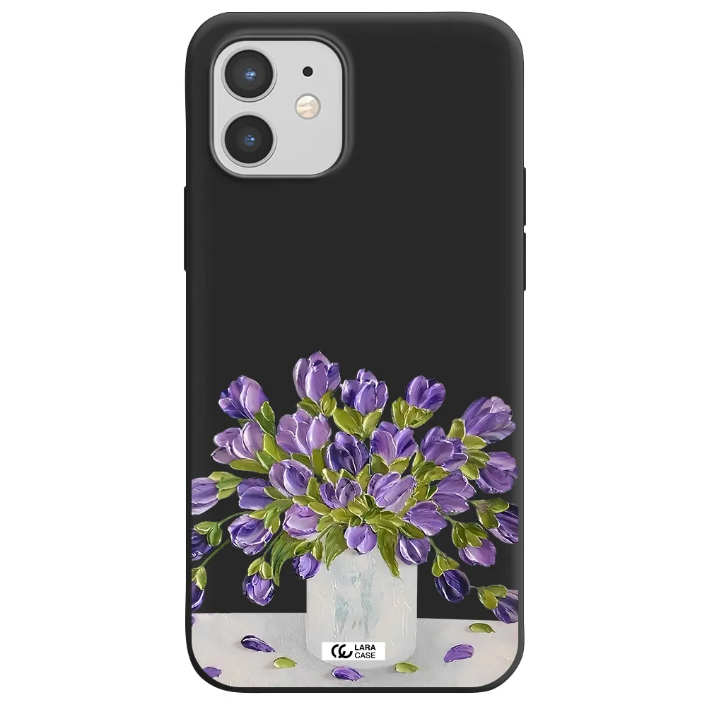 a bunch of purple flowers Apple iPhone 12 Silicone black Case