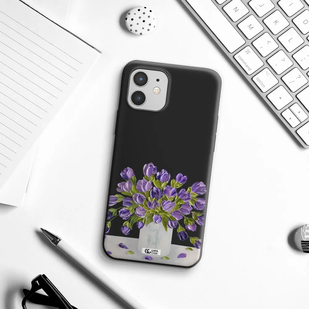 a bunch of purple flowers Apple iPhone 12 Silicone black Case