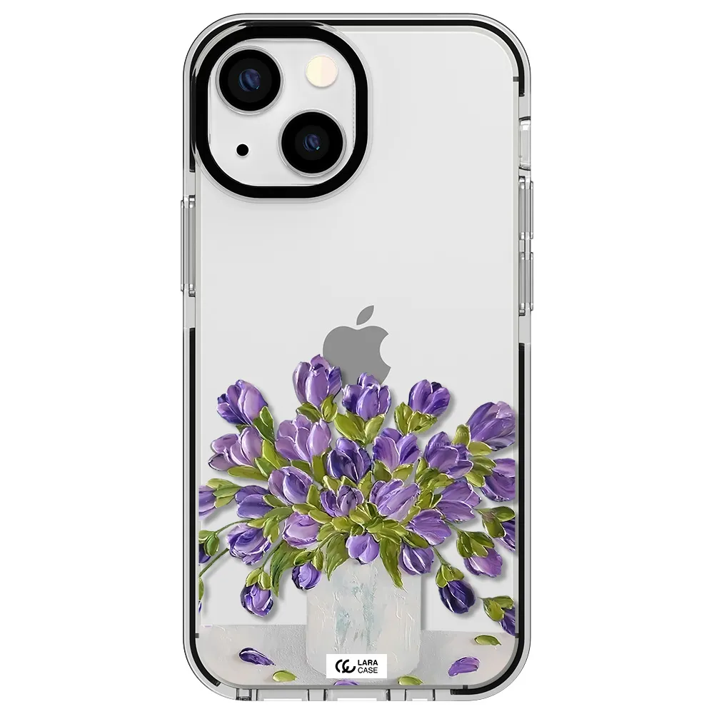 a bunch of purple flowers Apple iPhone 13 mini impact black border Case