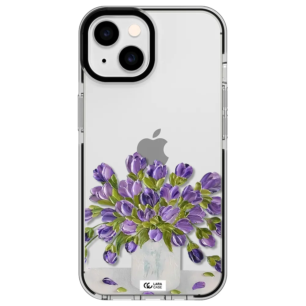 a bunch of purple flowers Apple iPhone 14 impact black border Case
