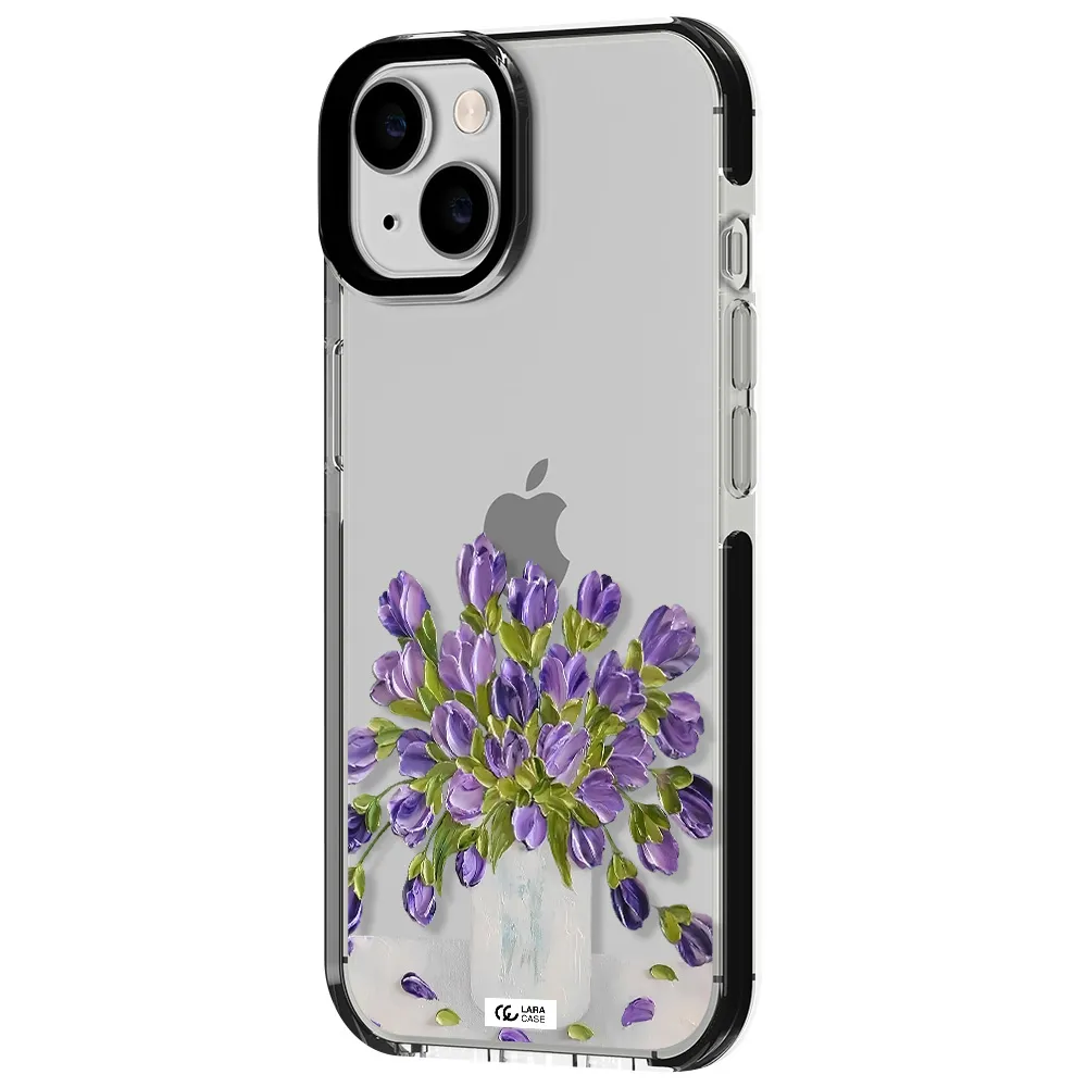 a bunch of purple flowers Apple iPhone 14 impact black border Case
