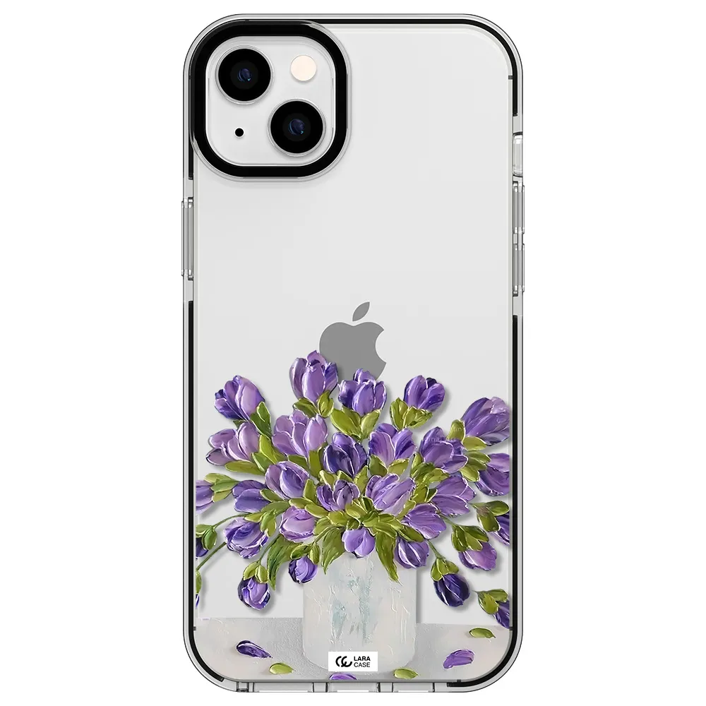 a bunch of purple flowers Apple iPhone 14 plus impact black border Case