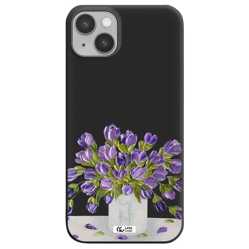 a bunch of purple flowers Apple iPhone 14 plus Silicone black Case