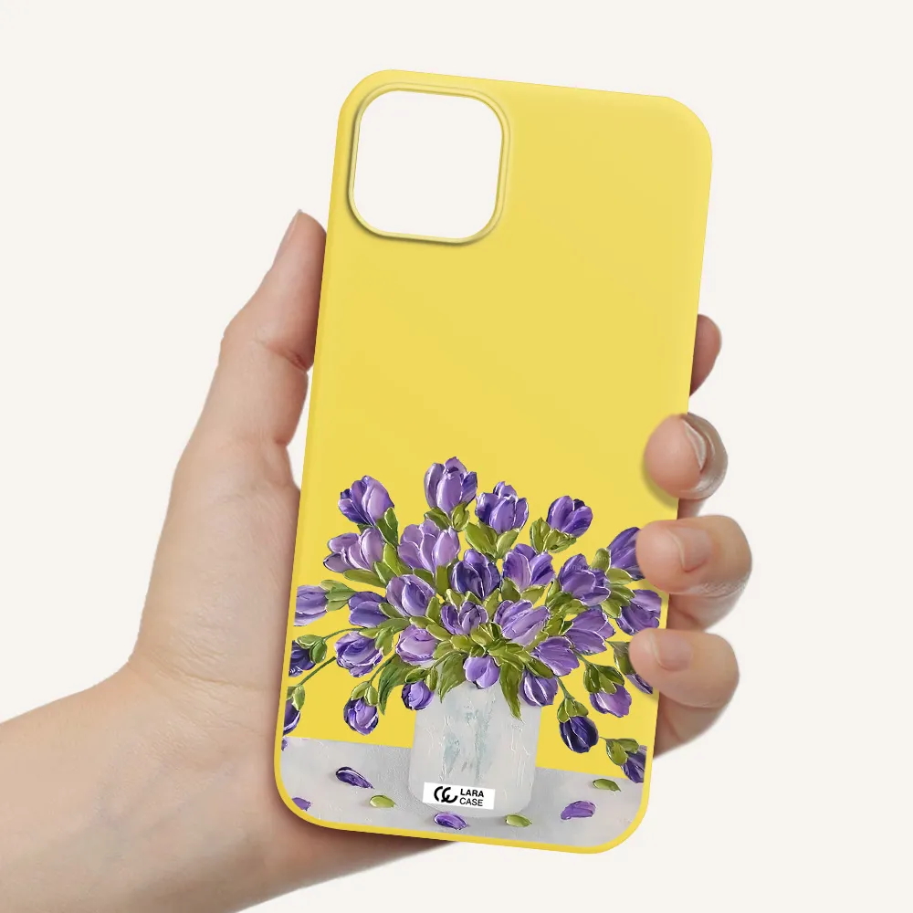 a bunch of purple flowers Apple iPhone 14 plus Silicone canary yellow Case