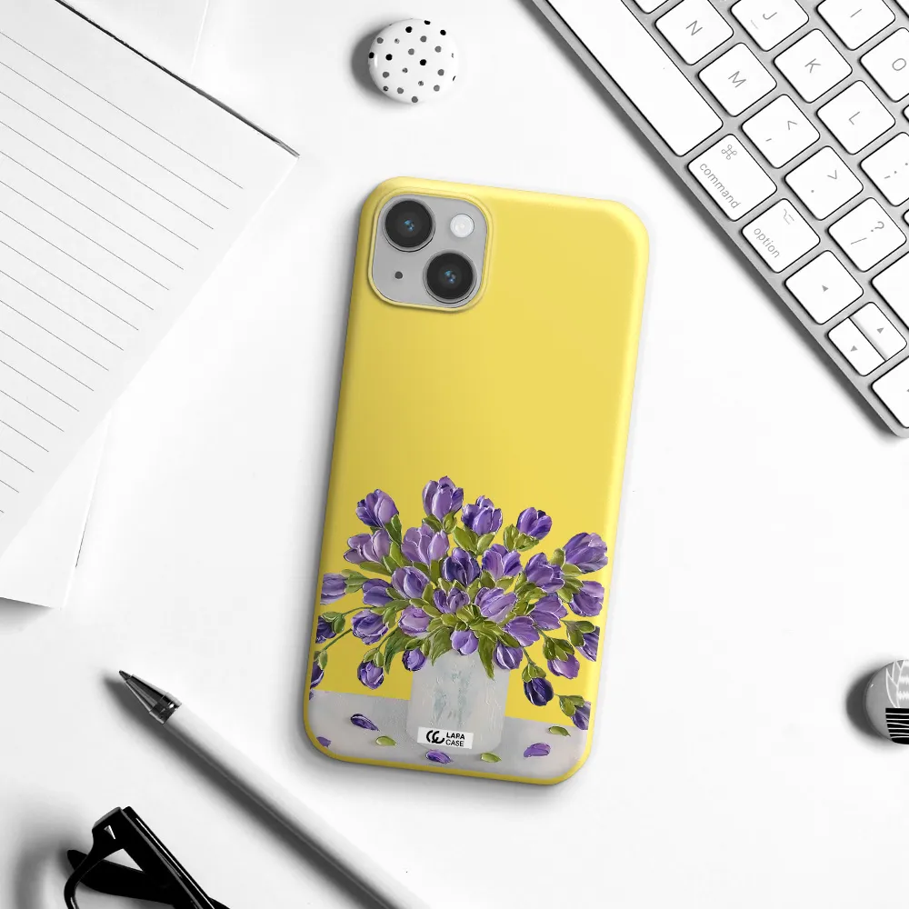 a bunch of purple flowers Apple iPhone 14 plus Silicone canary yellow Case
