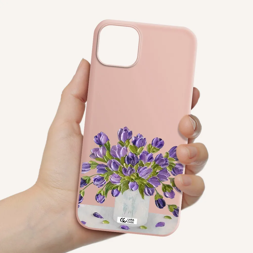 a bunch of purple flowers Apple iPhone 14 plus Silicone pastel pink Case