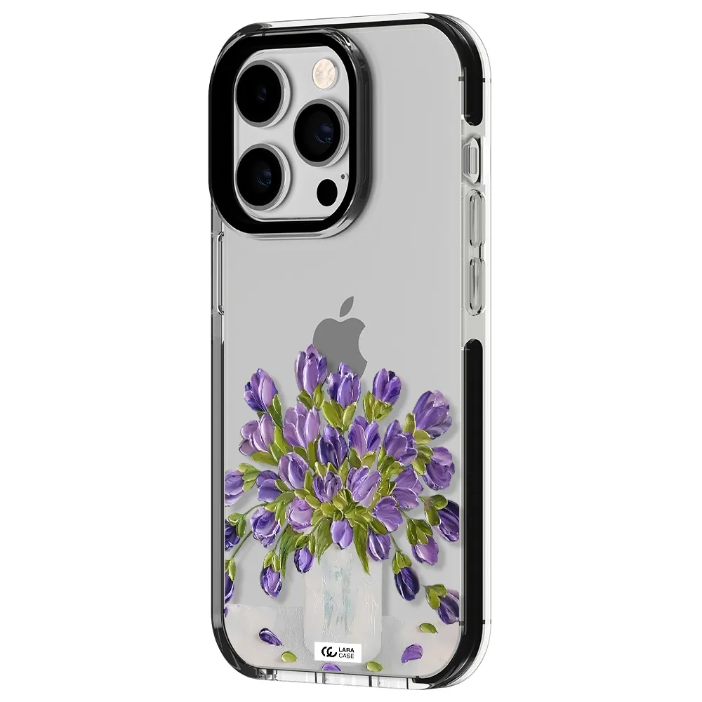 a bunch of purple flowers Apple iPhone 14 pro impact black border Case
