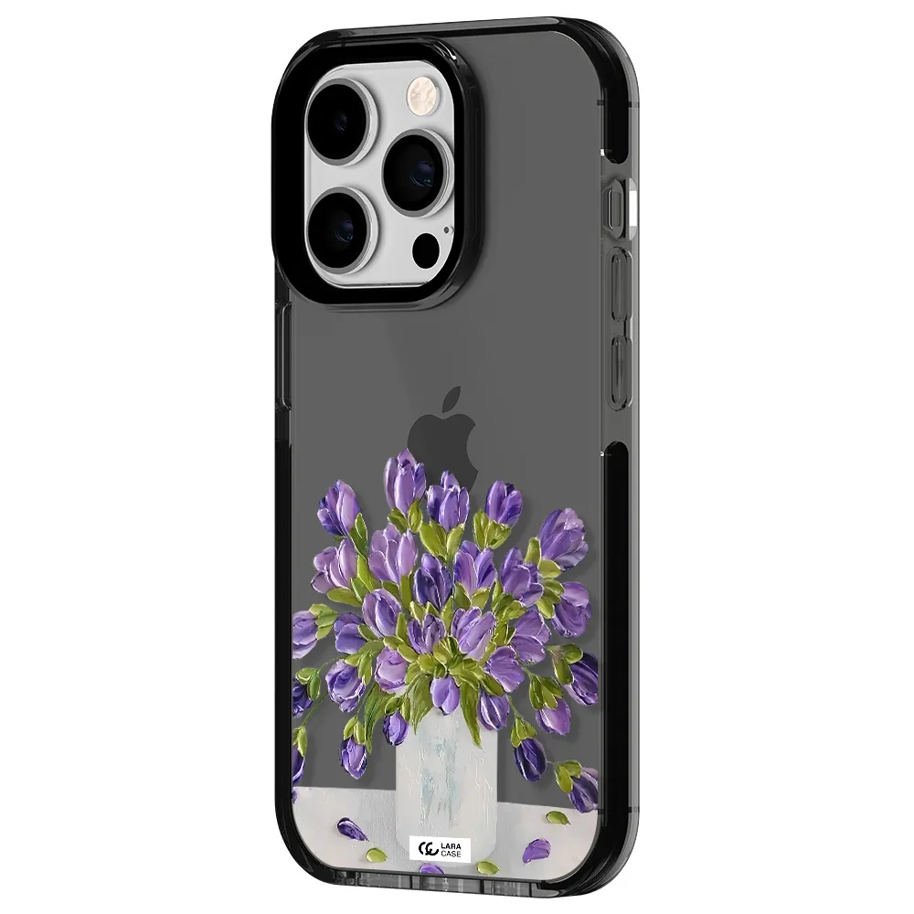 a bunch of purple flowers Apple iPhone 14 pro impact Smoke Black Case