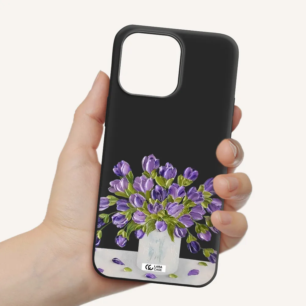 a bunch of purple flowers Apple iPhone 14 pro max Silicone black Case