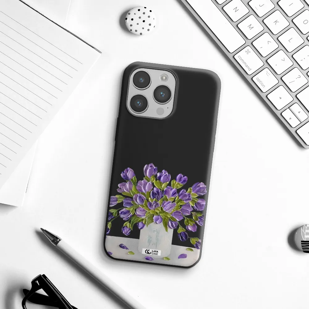 a bunch of purple flowers Apple iPhone 14 pro max Silicone black Case