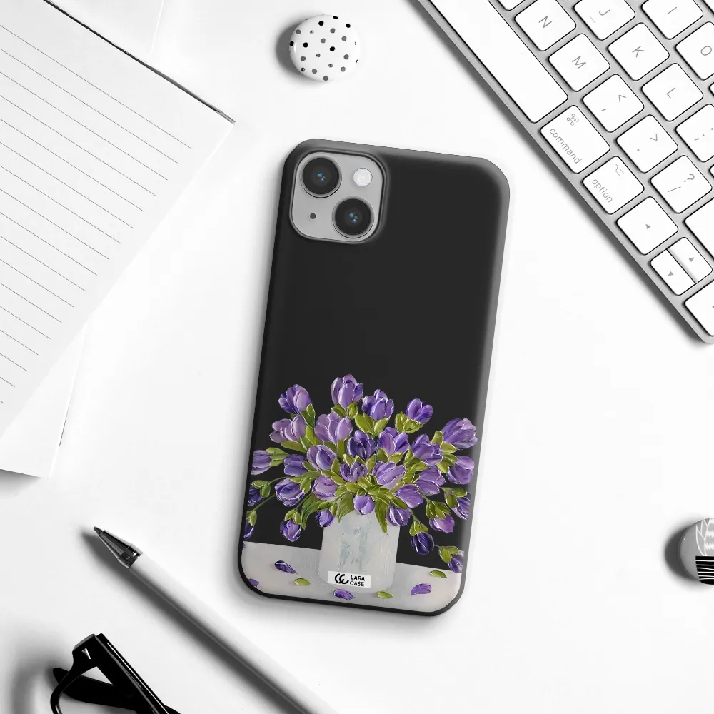 a bunch of purple flowers Apple iPhone 14 Silicone black Case