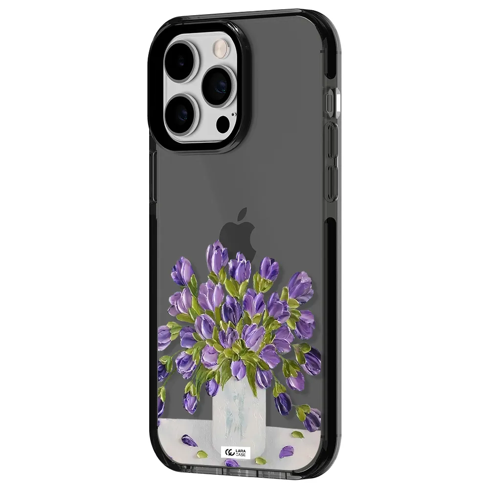 a bunch of purple flowers Apple iPhone 15 Pro impact Smoke Black Case