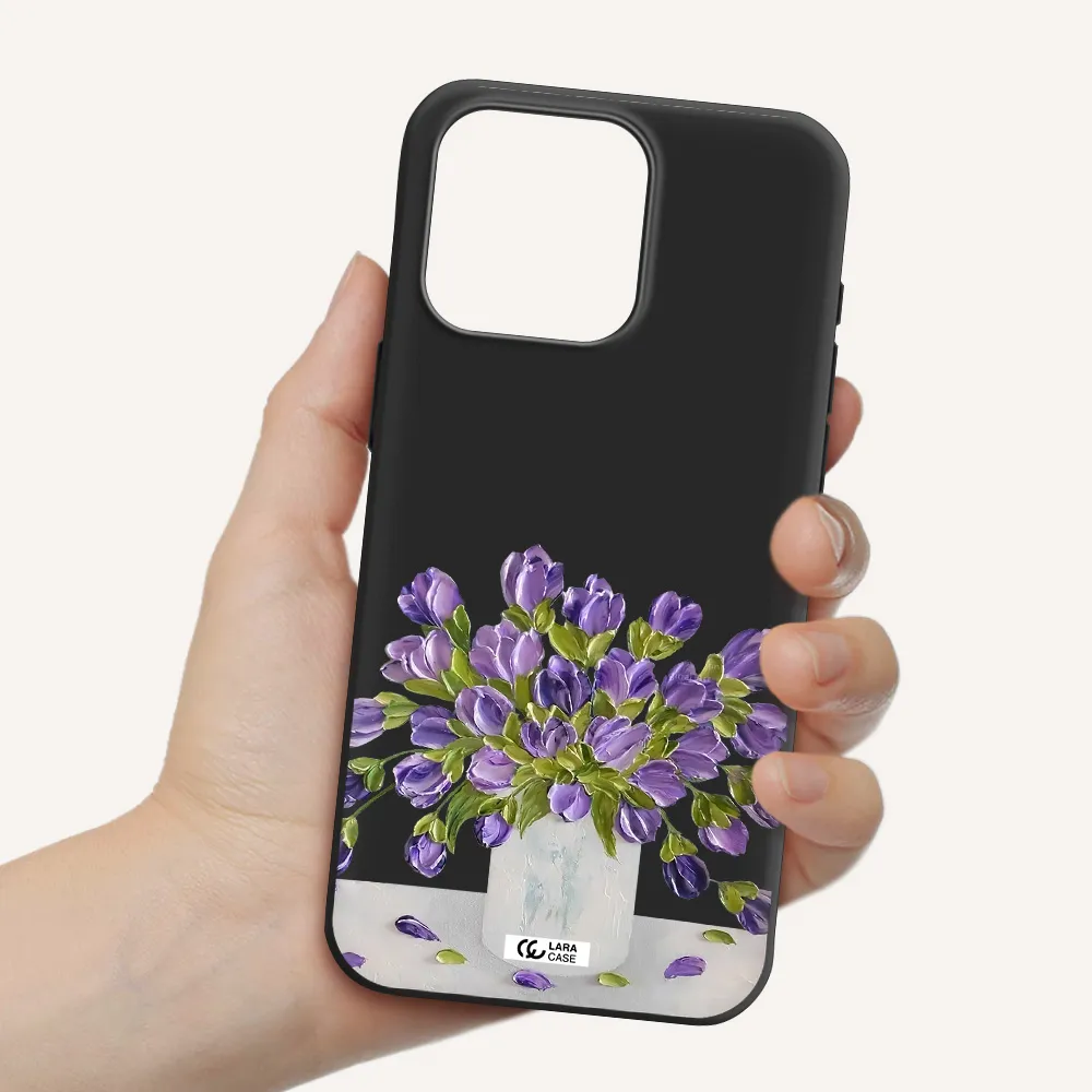 a bunch of purple flowers Apple Iphone 15 Pro max Silicone black Case